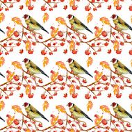seamless texture with cute birds and rowan watercolor
