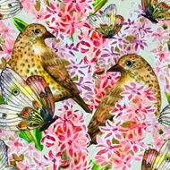 seamless texture with cute birds and flowers watercolor