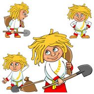 Cartoon character village boy with a shovel and bag