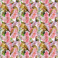 seamless texture with cute birds and flowers watercolor N2
