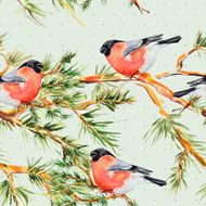 seamless texture with pine branch and bullfinch watercolor