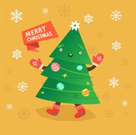 Merry christmas card with happy funny tree character