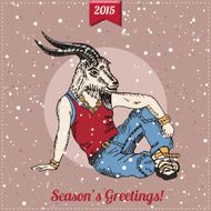 Hand drawn goat man with snowfall Hipster Christmas greeting card N2