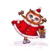 Owl Maiden in a red coat with gift Vector watercolor N2