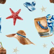 Seamless pattern with beach bag shoes sunglasses and a coconut N2