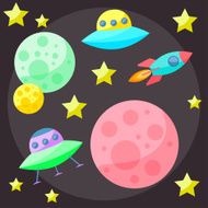 Bright colored vector space cover with colorful planets and ufo