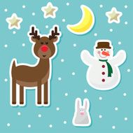 winter holidays set with funny cartoon deer rabbit and snowman N2