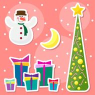 winter holidays set with funny cartoon snowman and spruce