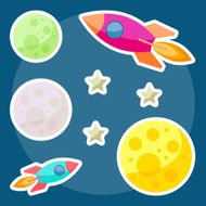 cosmic background with bright colored planets and spaceships