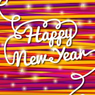 Happy New Year handwritten white swirl lettering on greeting card