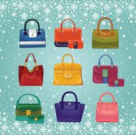 Coloured fashion women&#039;s handbags Winter background