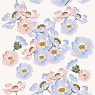 Seamless wallpaper pattern with blue and pink cosmos flowers