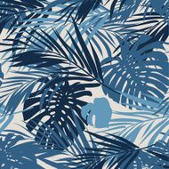 Tropical seamless monochrome blue indigo camouflage background with leaves and