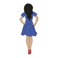 young girl in a blue dress and red shoes