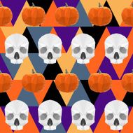 Halloween vector pattern with polygonal skulls and pumpkin