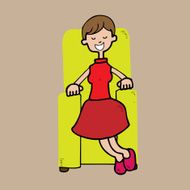 Woman in red sits on sofa