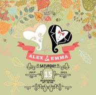 Cute wedding invitation with stylized heart autumn leaves
