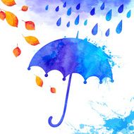 Blue watercolor painted umbrella under the rain
