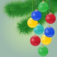 vector background with spruce branch and bright christmas balls N2