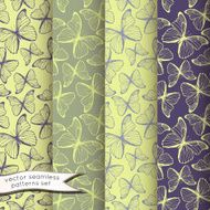 Outline butterflies seamless patterns set