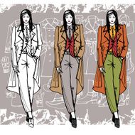 Fashion girl in coat Sketch style Grunge background