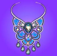 woman&#039;s necklace of precious stones on a purple background