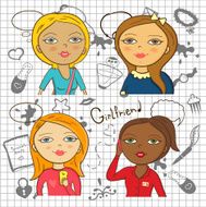 Colorful cartoon girls with accessories