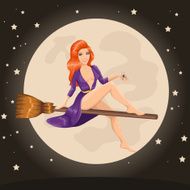 Vector cute sexy redhead witch flying on a broom