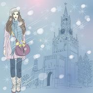 Vector Christmas cityscape with fashion girl in Moscow