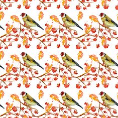 seamless texture with cute birds and rowan watercolor