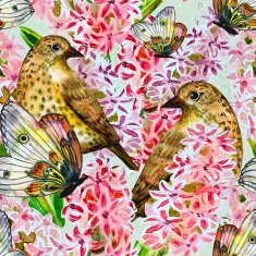 seamless texture with cute birds and flowers watercolor