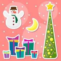 winter holidays set with funny cartoon snowman and spruce