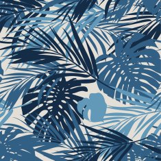 Tropical seamless monochrome blue indigo camouflage background with leaves and