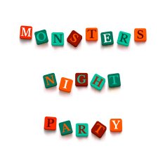 Word "monsters night party" with colorful blocks isolated