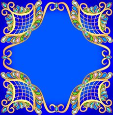 blue background with gold pattern and precious stones