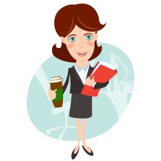 Businesswoman with document folder and cup of coffee Flat style N4