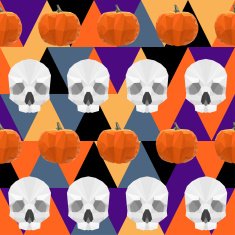 Halloween vector pattern with polygonal skulls and pumpkin
