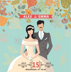 Cute wedding invitation with groom bride autumn leaves