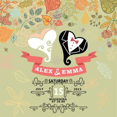 Cute wedding invitation with stylized heart autumn leaves