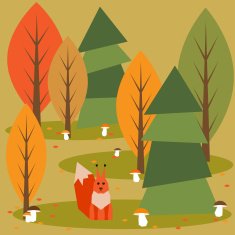 autumn abstract vector forest cartoon background with geometric animals