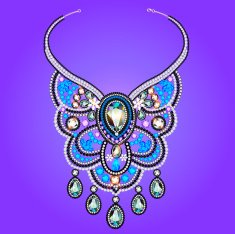 woman's necklace of precious stones on a purple background