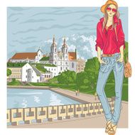 Vector fashion stylish girl in the old city