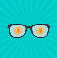 Glasses and gold dollar coin inside Sunburst background Flat design