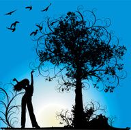Girl tree and birds on blue flowers background