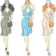 Vector fashion girls top models in dresses and hats
