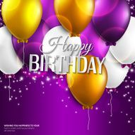 Vector birthday card with balloons and text on purple background