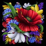 folk flowers illustration isolated on black background