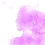 pink watercolor girl face with butterflies