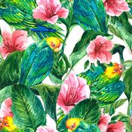 Seamless Background with Tropical Leaves Parrots and Hibiscus N3
