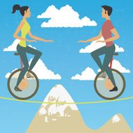 Man and woman in monocycle over high wire